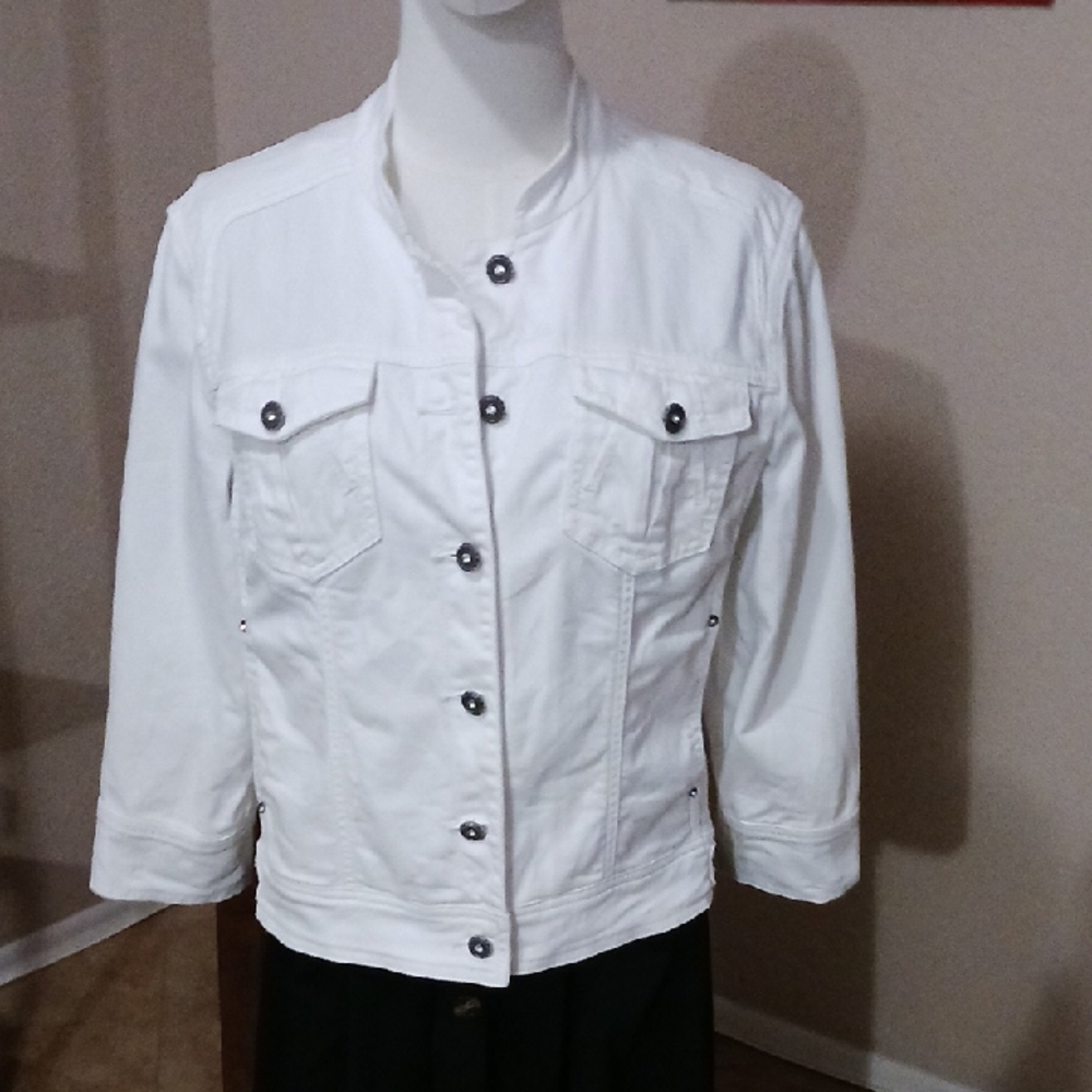 Chico's White Jean Jacket with Faux Diamond Buttons